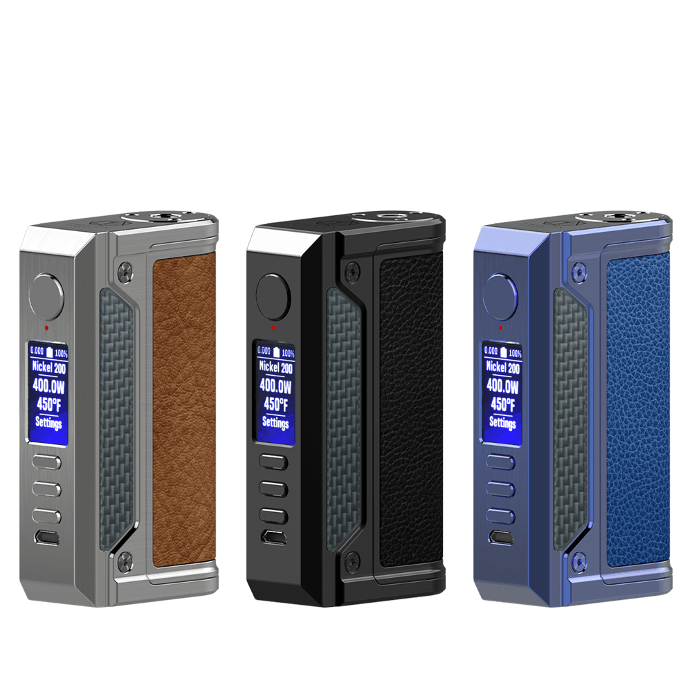 Three LVE Therion II DNA250C vape mods in silver, black, and blue with digital displays.