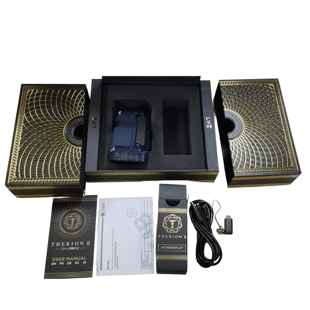 LVE Therion II DNA250C Box Mod with accessories and user manual in elegant packaging.