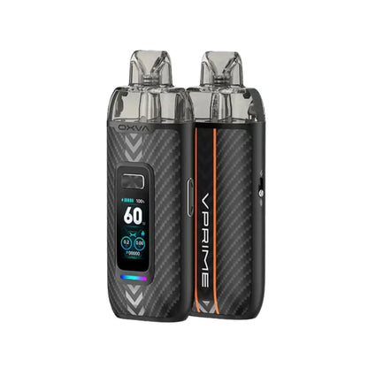 OXVA VPrime pod vape kits in black carbon with digital displays and sleek design.