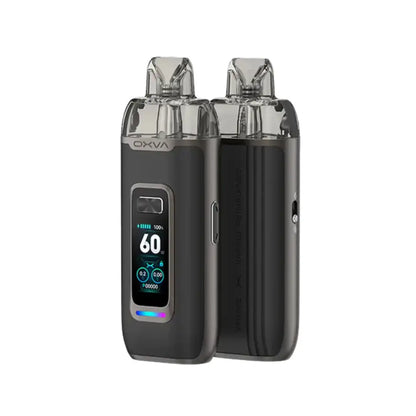 OXVA VPrime pod vape kits in black leather with digital displays.
