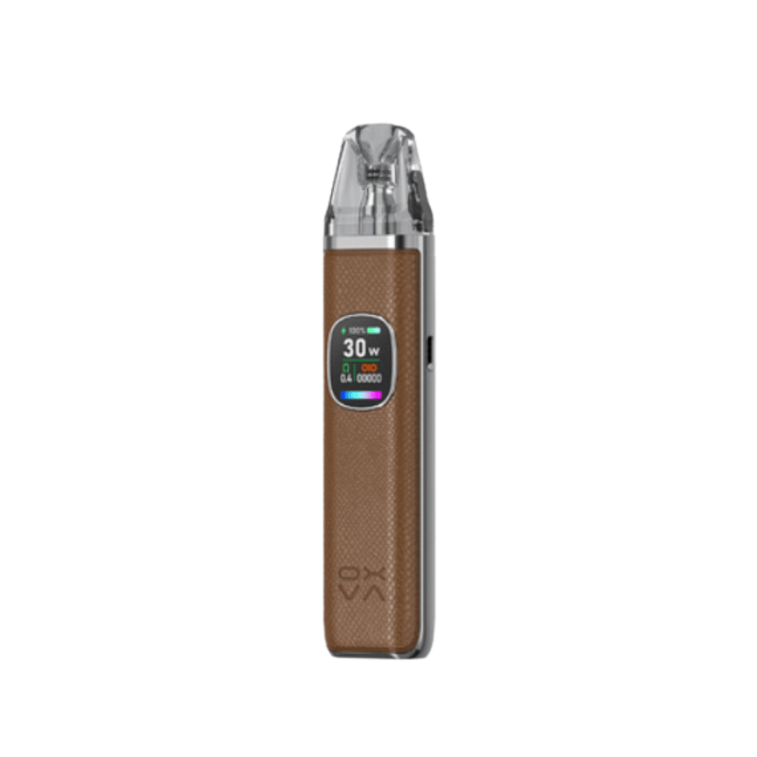 Brown OXVA Xlim Pro 2 pod vape kit with digital display and sleek design.
