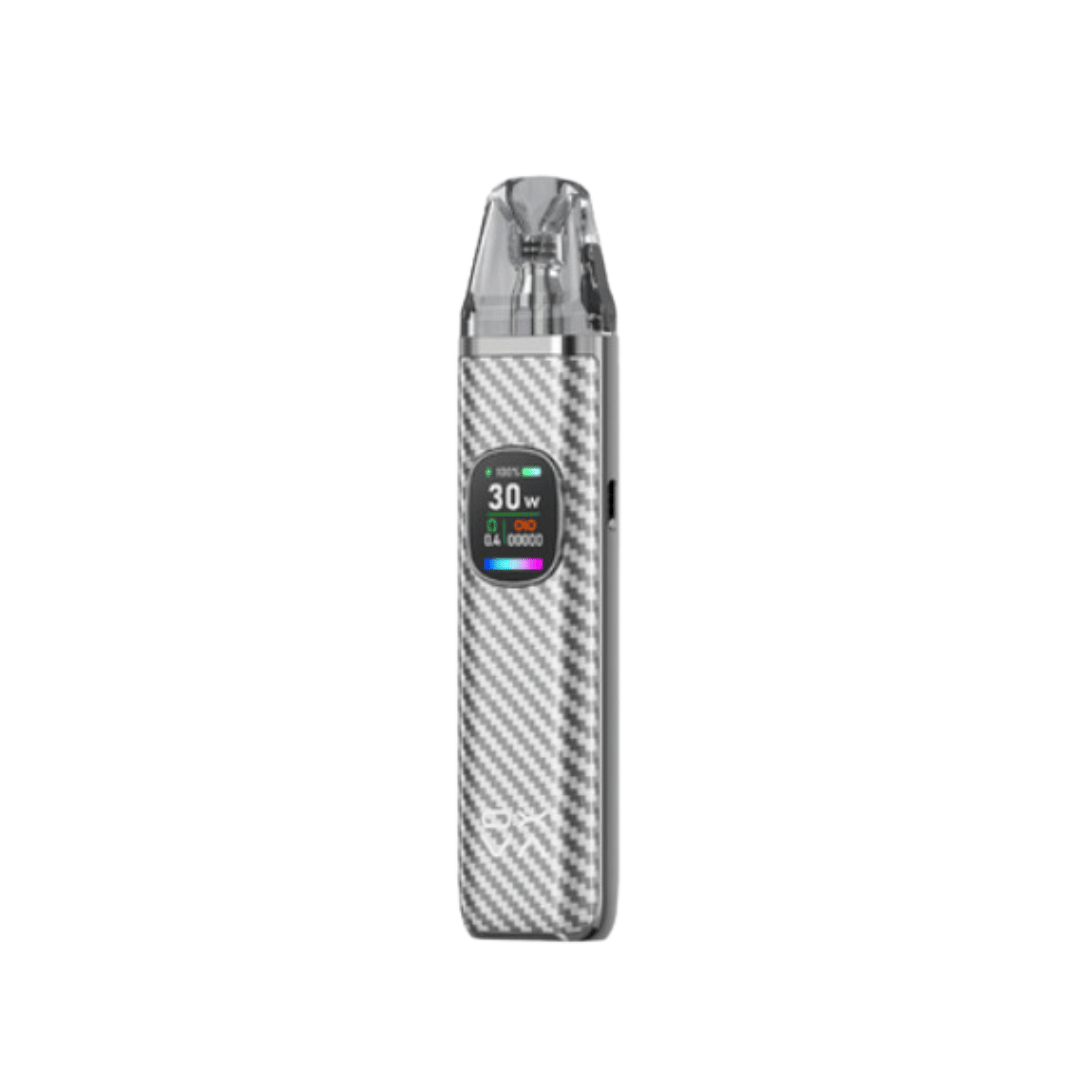 OXVA Xlim Pro 2 pod vape kit in silver carbon finish, featuring a digital display.