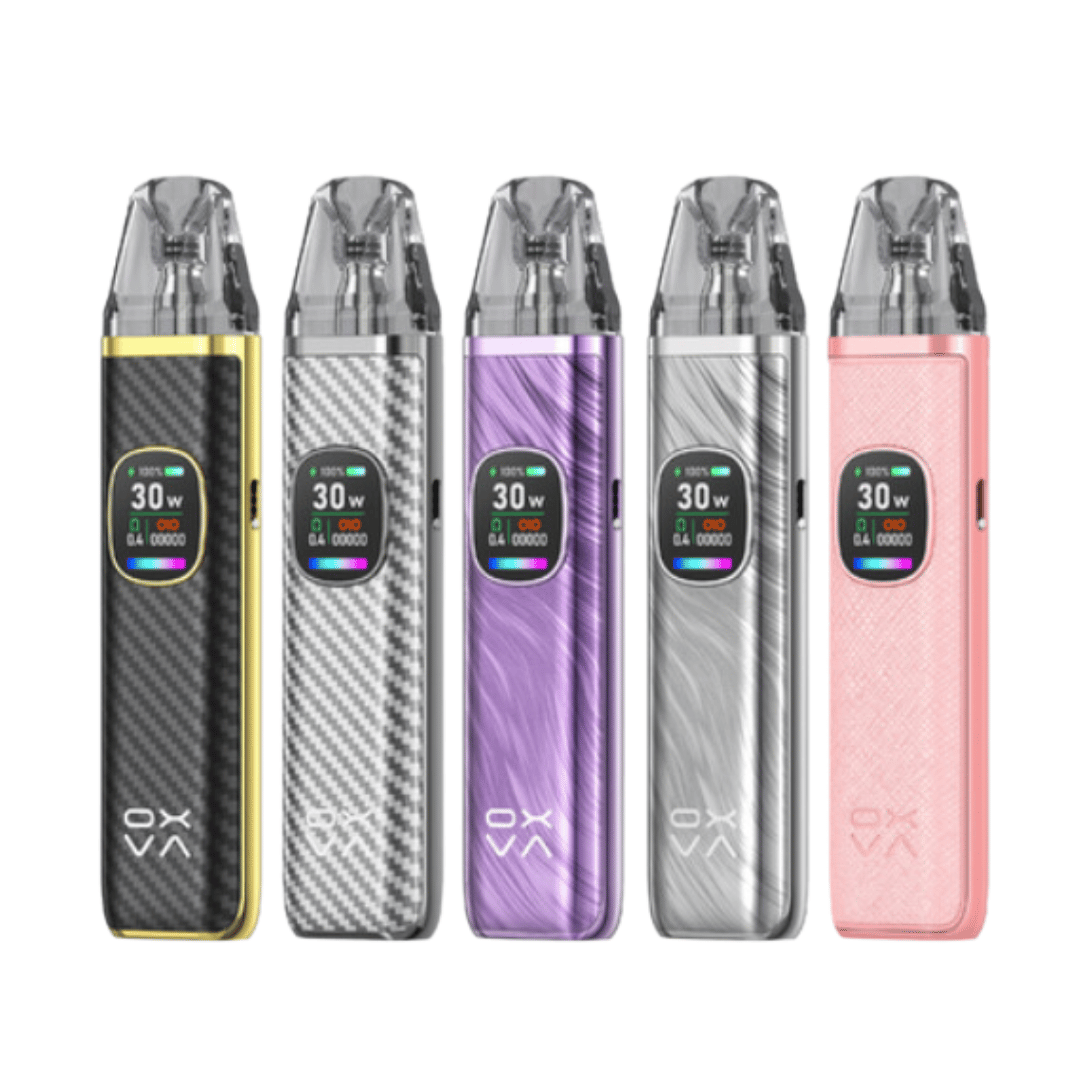 Five OXVA Xlim Pro pod vape kits in various colours, including black, silver, and pink.