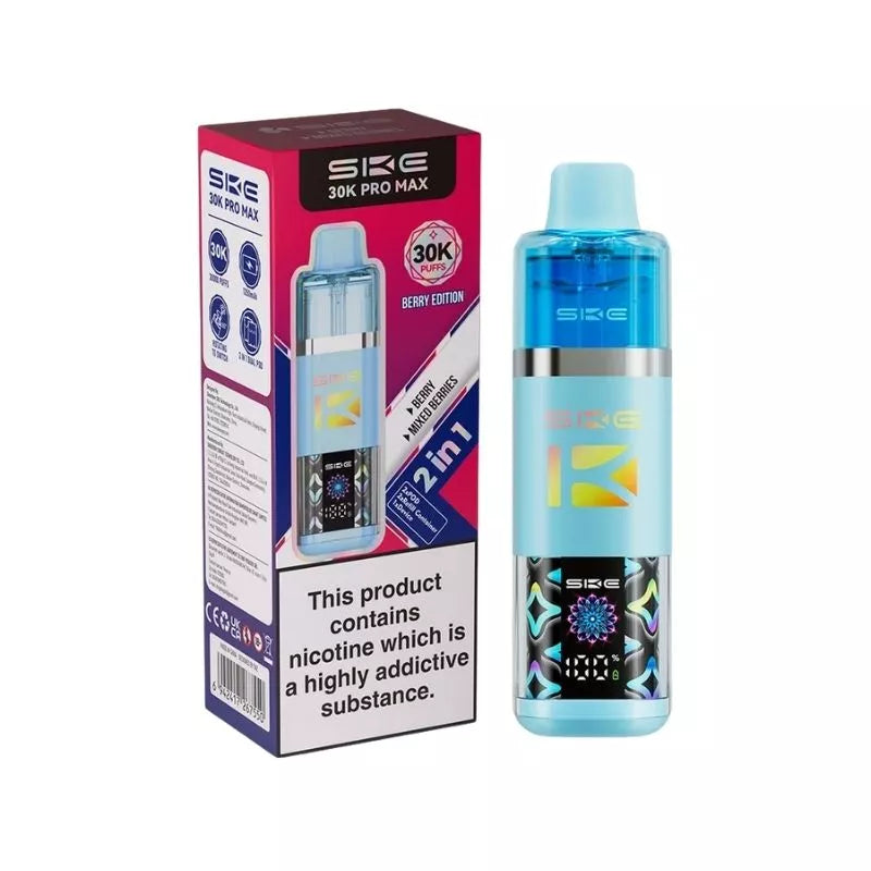 SKE Crystal 30K Pro Max 2 in 1 Flavour Prefilled Pod Vape Kit Berry Edition (Berry & Mixed Berries) with a Built-in 1250mAh Battery giving up to 30,000 Puffs
