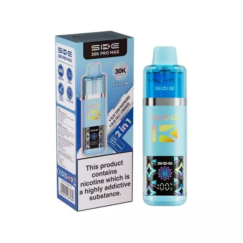 SKE Crystal 30K Pro Max 2 in 1 Flavour Prefilled Pod Vape Kit Blue Edition (Blue Sour Raspberry & Blue Razz Lemonade) with a Built-in 1250mAh Battery giving up to 30,000 Puffs