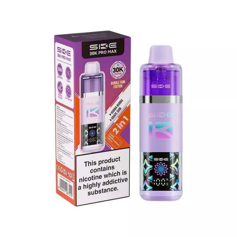 SKE Crystal 30K Pro Max 2 in 1 Flavour Prefilled Pod Vape Kit Bubble Gum Edition (Hubba Bubba & Grape Gum) with a Built-in 1250mAh Battery giving up to 30,000 Puffs