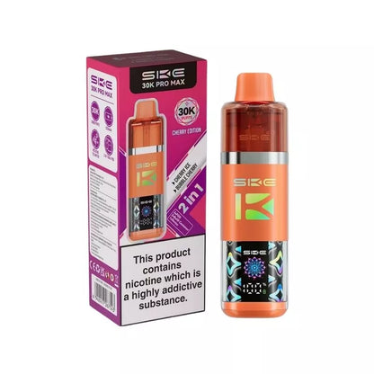 SKE Crystal 30K Pro Max 2 in 1 Flavour Prefilled Pod Vape Kit Cherry Edition (Cherry Ice & Bubble Cherry) with a Built-in 1250mAh Battery giving up to 30,000 Puffs