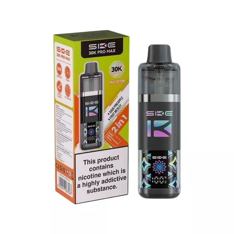 SKE Crystal 30K Pro Max 2 in 1 Flavour Prefilled Pod Vape Kit Fruit Edition (Sour Pineapple & Fruit Medley) with a Built-in 1250mAh Battery giving up to 30,000 Puffs