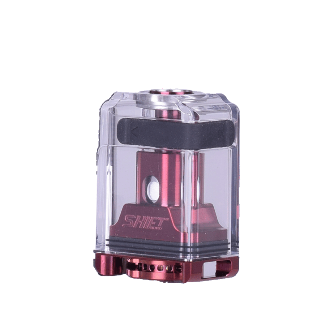 Shift Boro Tank V1.5 by Vaperz Cloud in electric red, transparent casing, front view.