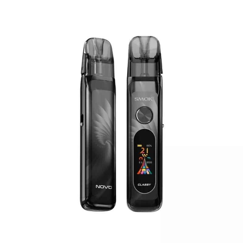Smok Novo Classy Pod Kit Jet Black Colour with a built-in 1350mAh Battery and 0.96 TFT Display great for MTL Vaping with nic salt e-liquids.