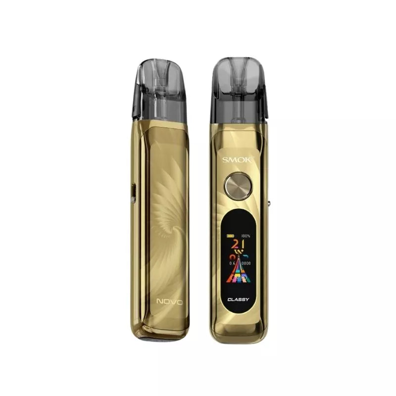 Smok Novo Classy Pod Kit Lustrous Gold Colour with a built-in 1350mAh Battery and 0.96 TFT Display great for MTL Vaping with nic salt e-liquids.