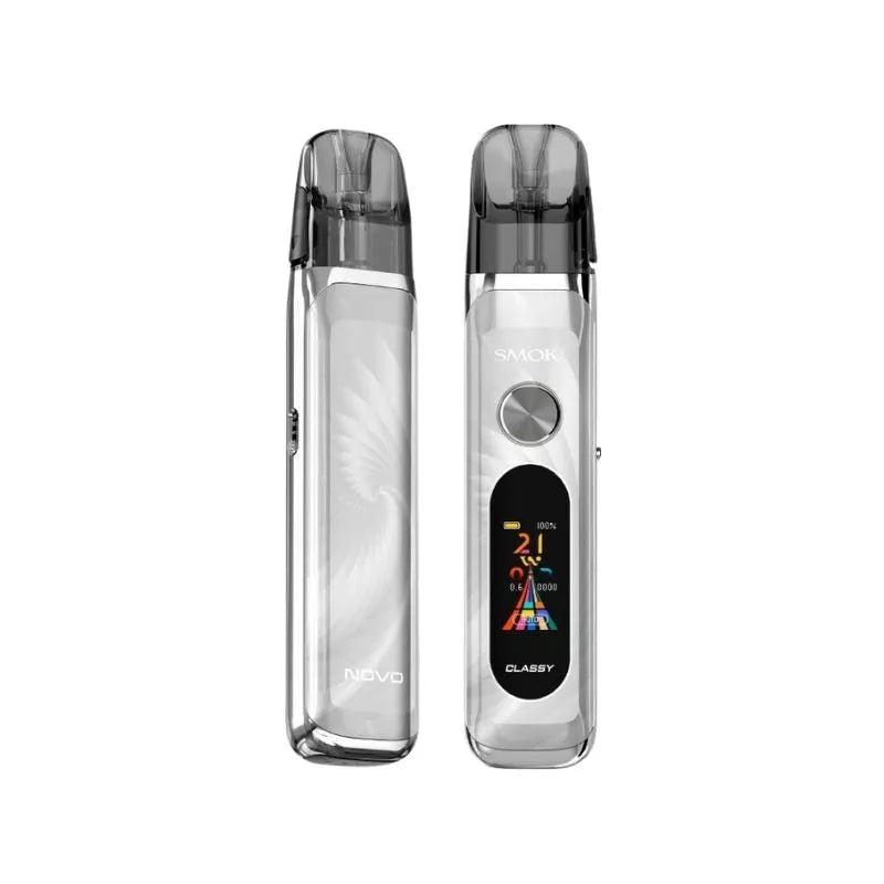 Smok Novo Classy Pod Kit Silver White Colour with a built-in 1350mAh Battery and 0.96 TFT Display great for MTL Vaping with nic salt e-liquids.