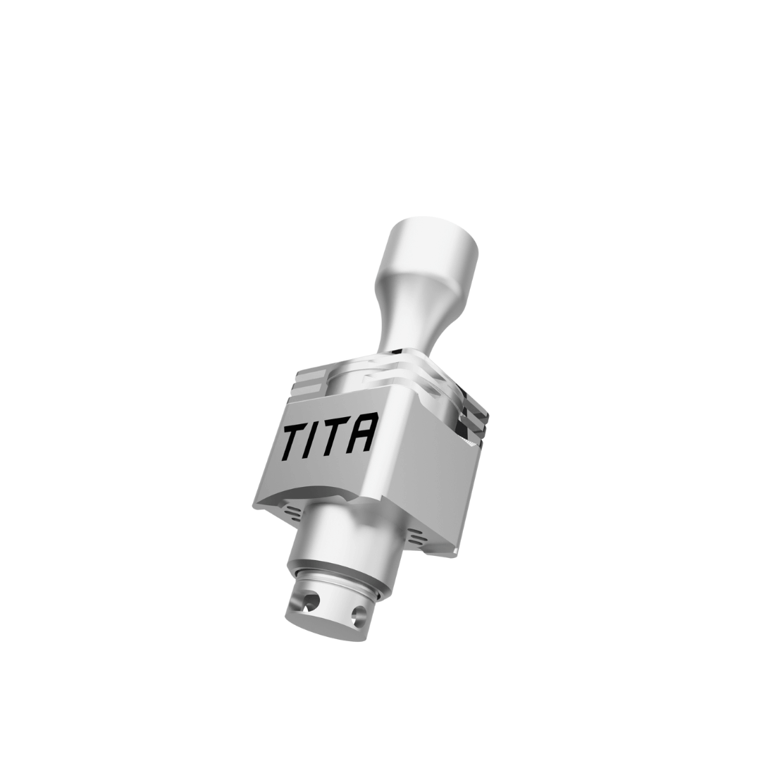 Silver TITA X2 RBA vape component, sleek design, isolated on a white background.