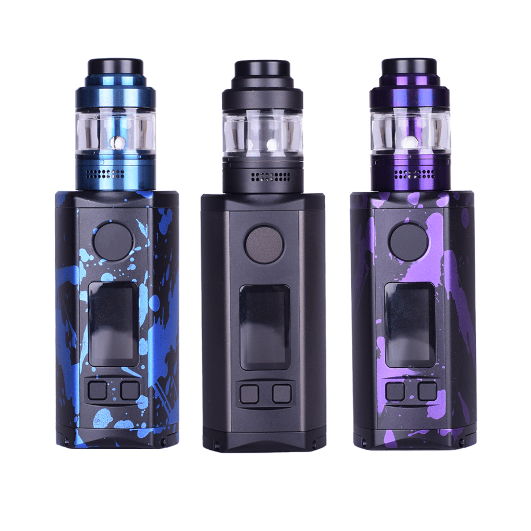 Three Vaperz Cloud Ascent Kits in blue, black, and purple with splatter designs.