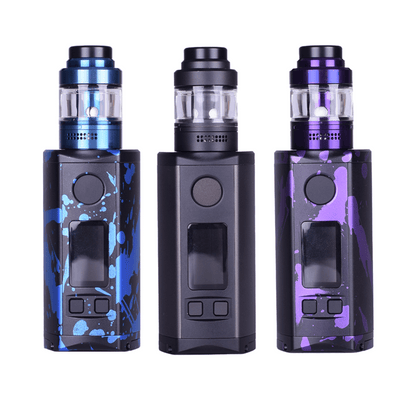 Three Vaperz Cloud Ascent Kits in blue, black, and purple with splatter designs.
