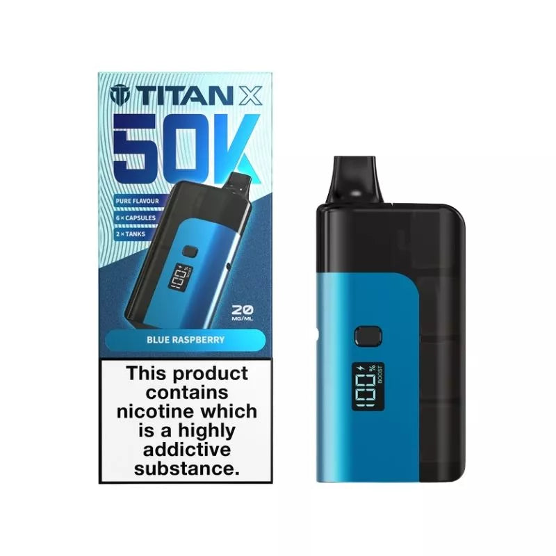 Titan 50K Prefilled Vape Kit Blue Raspberry Flavour up to 50,000 puffs with 6 Replacement Capsules and 2x tanks