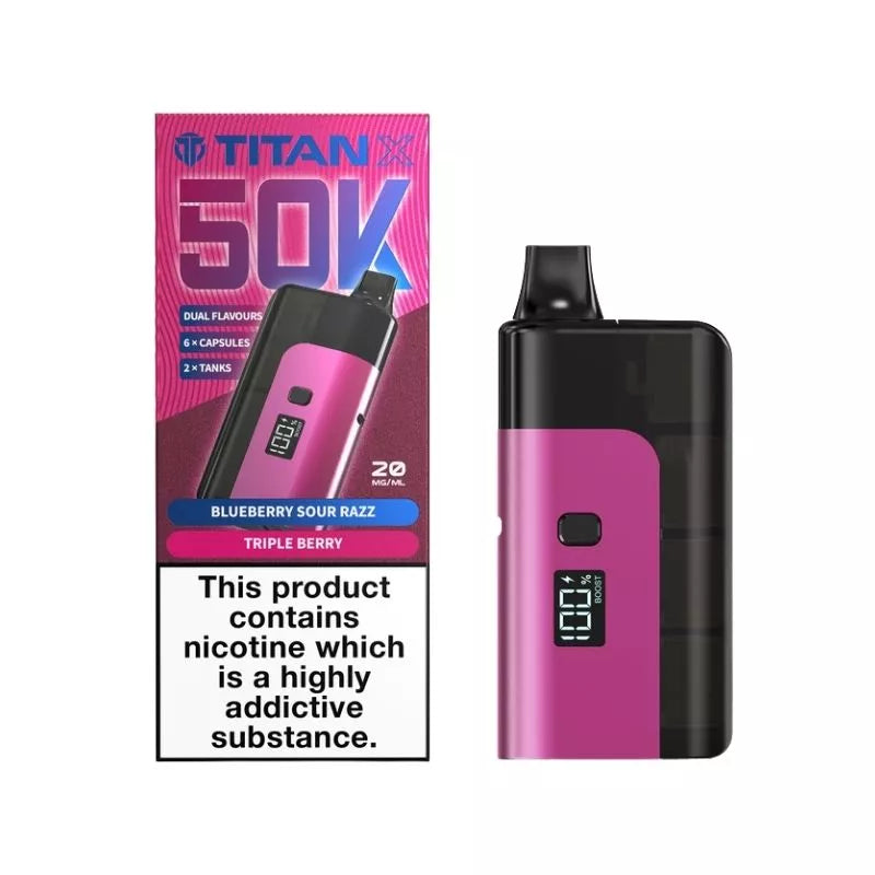 Titan 50K Prefilled Vape Kit Blueberry Sour Razz & Triple Berry Flavours up to 50,000 puffs with 6 Replacement Capsules and 2x tanks