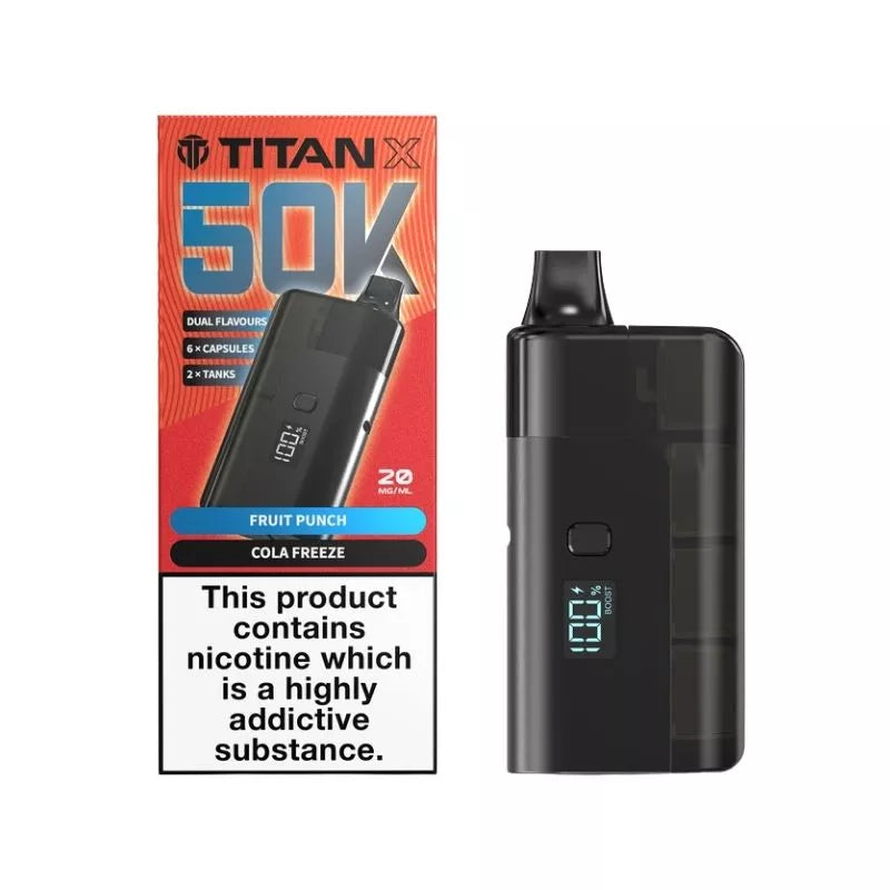 Titan 50K Prefilled Vape Kit Fruit Punch & Cola Freeze Flavours up to 50,000 puffs with 6 Replacement Capsules and 2x tanks