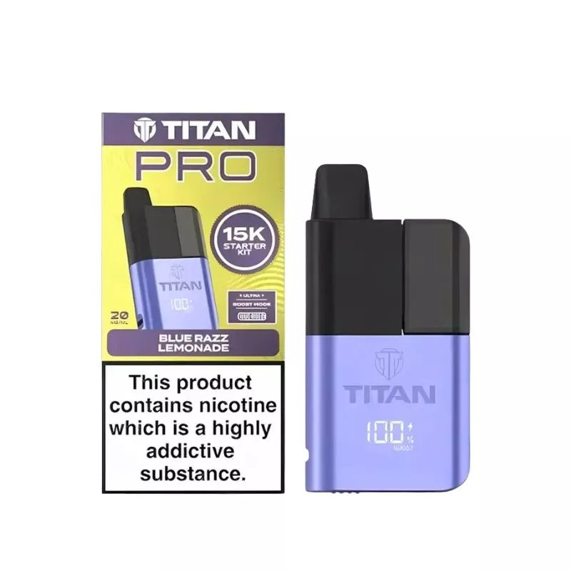 Titan Pro 15K Prefilled Pod Vape Kit filled with Blue Razz Lemonade Flavoured 20mg Nicotine Salt E-liquid up to 15,000 puffs with a Built-in 1000mAh Battery 