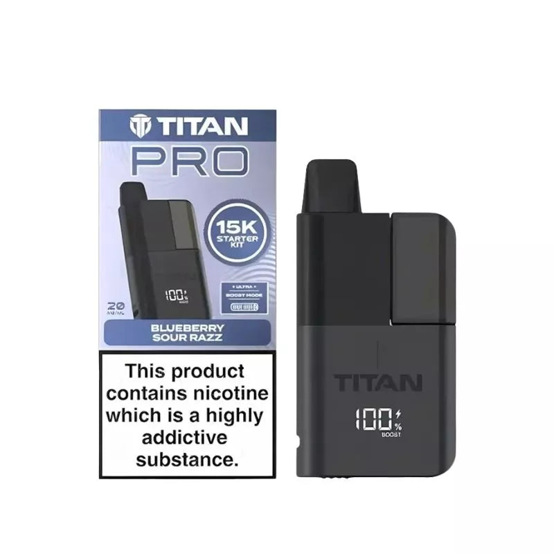 Titan Pro 15K Prefilled Pod Vape Kit filled with Blueberry Sour Razz Flavoured 20mg Nicotine Salt E-liquid up to 15,000 puffs with a Built-in 1000mAh Battery 