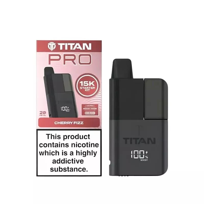 Titan Pro 15K Prefilled Pod Vape Kit filled with Cherry Fizz Flavoured 20mg Nicotine Salt E-liquid up to 15,000 puffs with a Built-in 1000mAh Battery