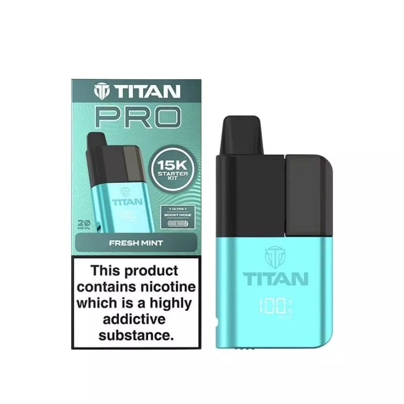 Titan Pro 15K Prefilled Pod Vape Kit filled with Fresh Mint Flavoured 20mg Nicotine Salt E-liquid up to 15,000 puffs with a Built-in 1000mAh Battery 