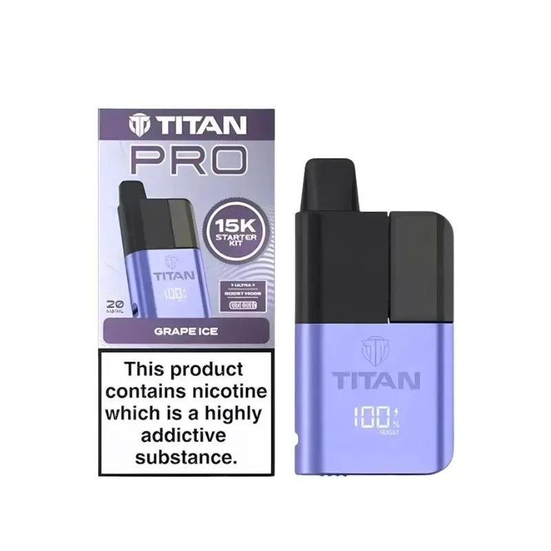 Titan Pro 15K Prefilled Pod Vape Kit filled with Grape Ice Flavoured 20mg Nicotine Salt E-liquid up to 15,000 puffs with a Built-in 1000mAh Battery 