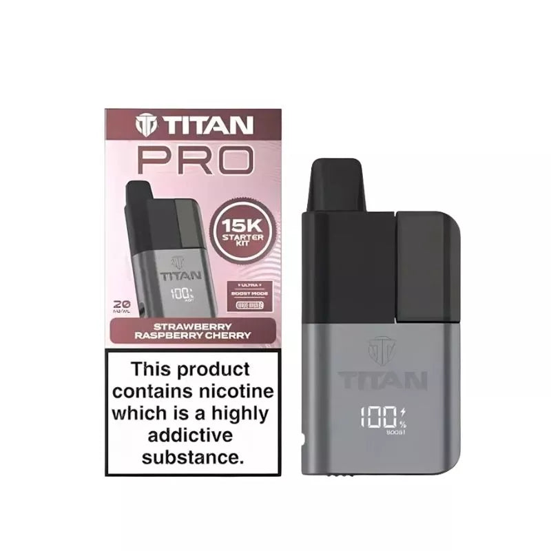 Titan Pro 15K Prefilled Pod Vape Kit filled with Strawberry Raspberry Cherry Flavoured 20mg Nicotine Salt E-liquid up to 15,000 puffs with a Built-in 1000mAh Battery 