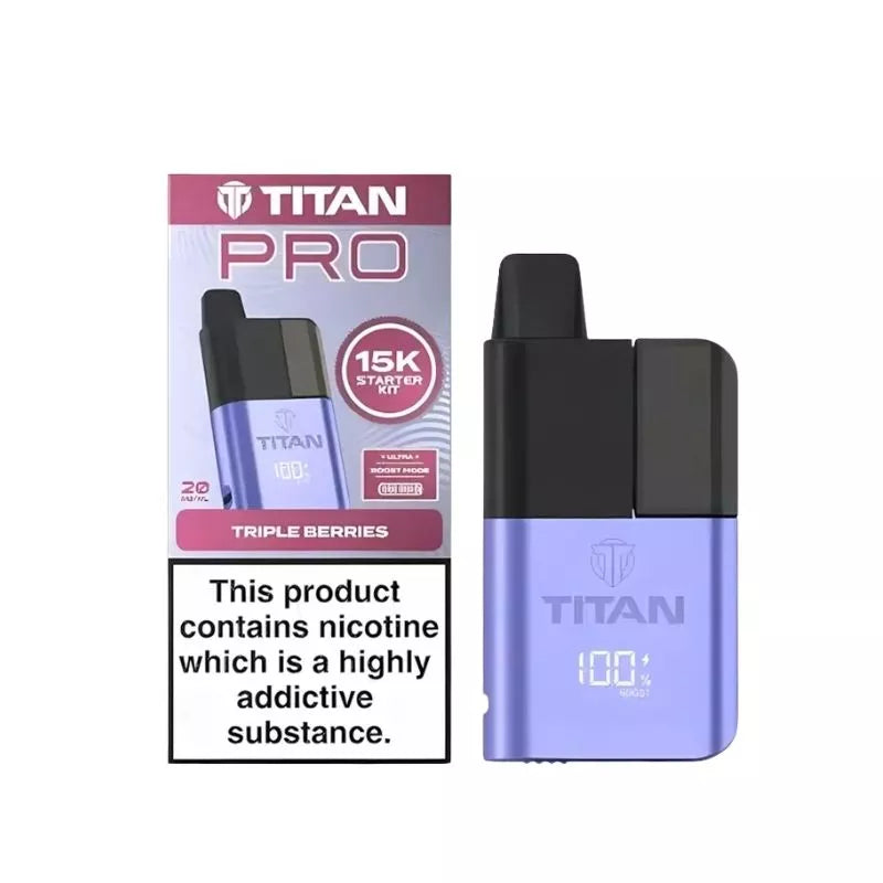 Titan Pro 15K Prefilled Pod Vape Kit filled with Triple Berries Flavoured 20mg Nicotine Salt E-liquid up to 15,000 puffs with a Built-in 1000mAh Battery 
