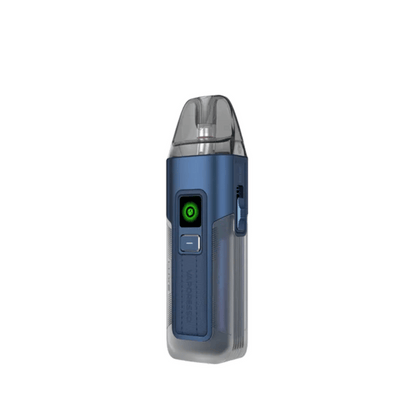 Vaporesso Luxe X2 pod vape kit in navy blue with a transparent mouthpiece and green button.