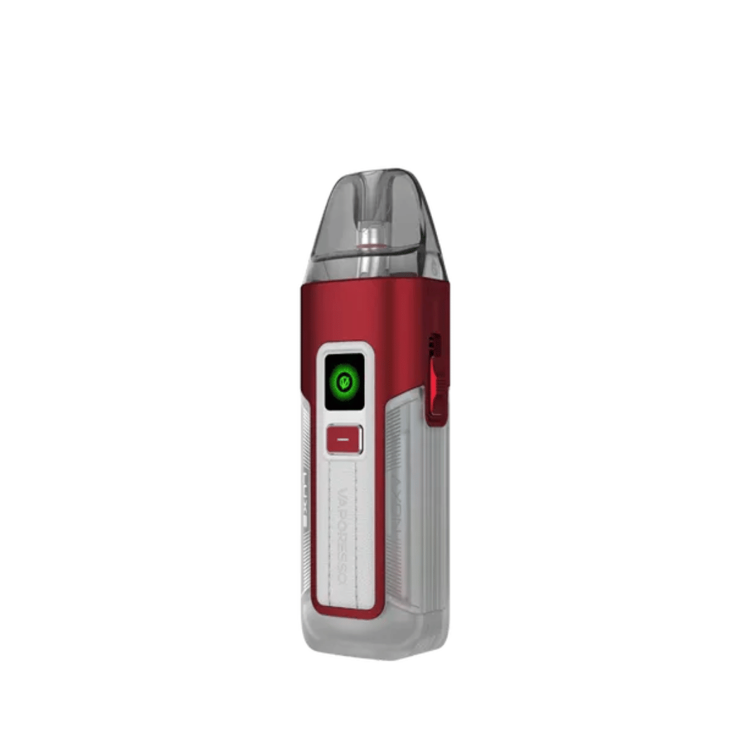Vaporesso Luxe X2 Pod Vape Kit in ruby and white, sleek design with a clear mouthpiece.