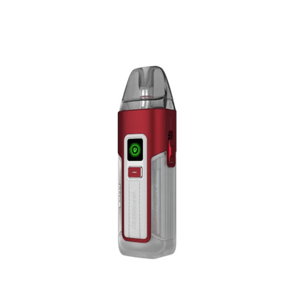 Vaporesso Luxe X2 Pod Vape Kit in ruby and white, sleek design with a clear mouthpiece.