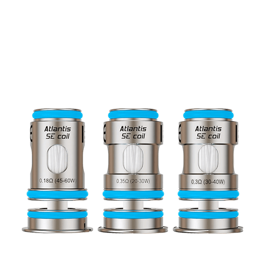 Three Aspire Atlantis SE replacement vape coils with blue accents.