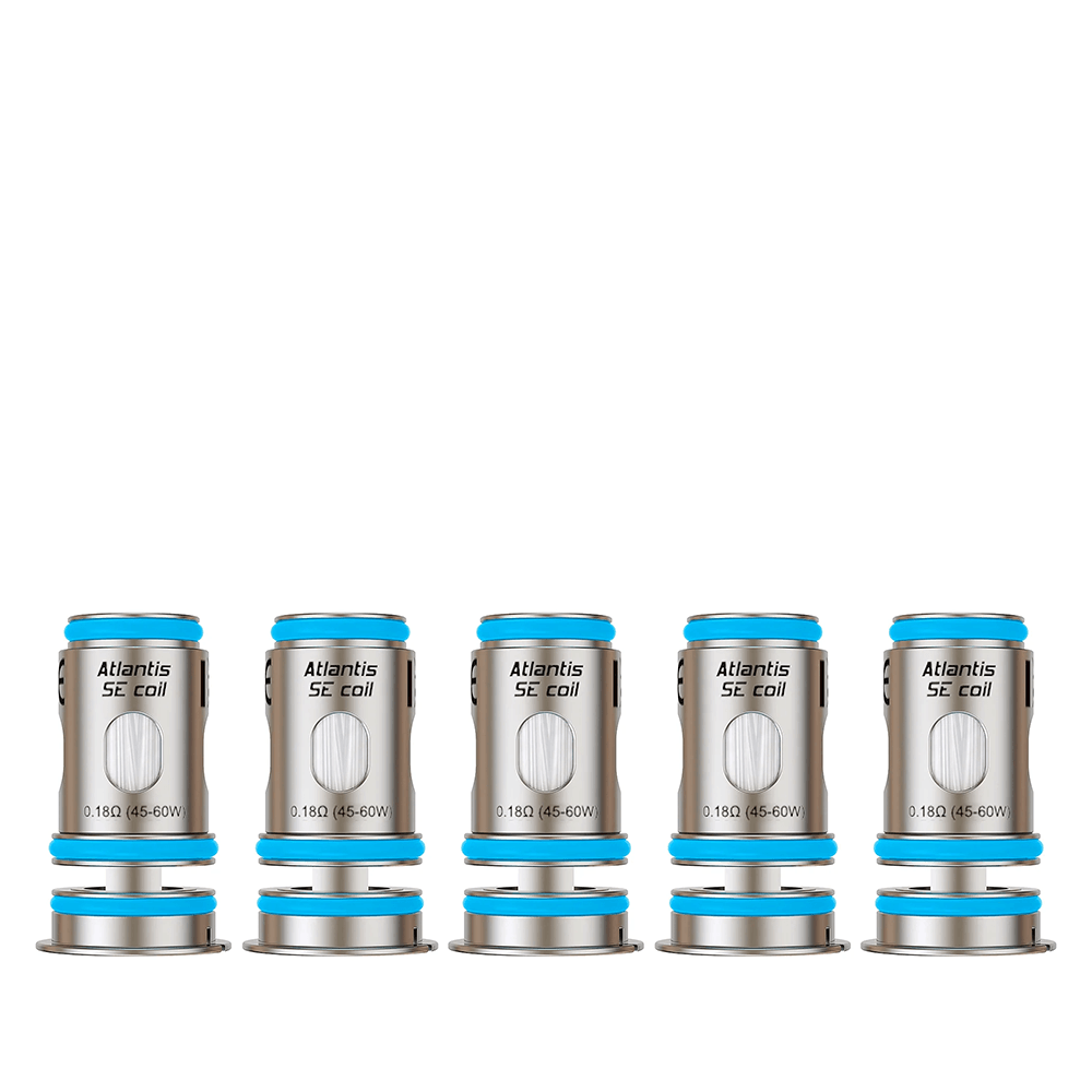 Five Aspire Atlantis SE replacement coils lined up against a white background.