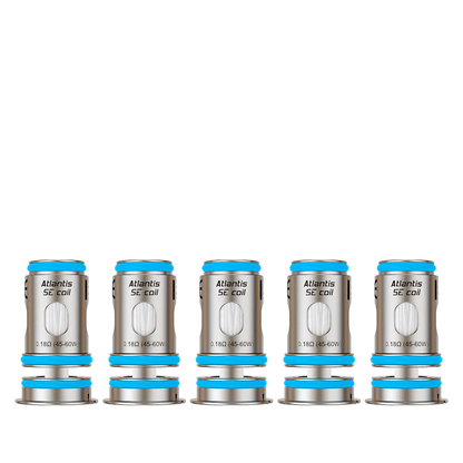 Five Aspire Atlantis SE replacement coils lined up against a white background.