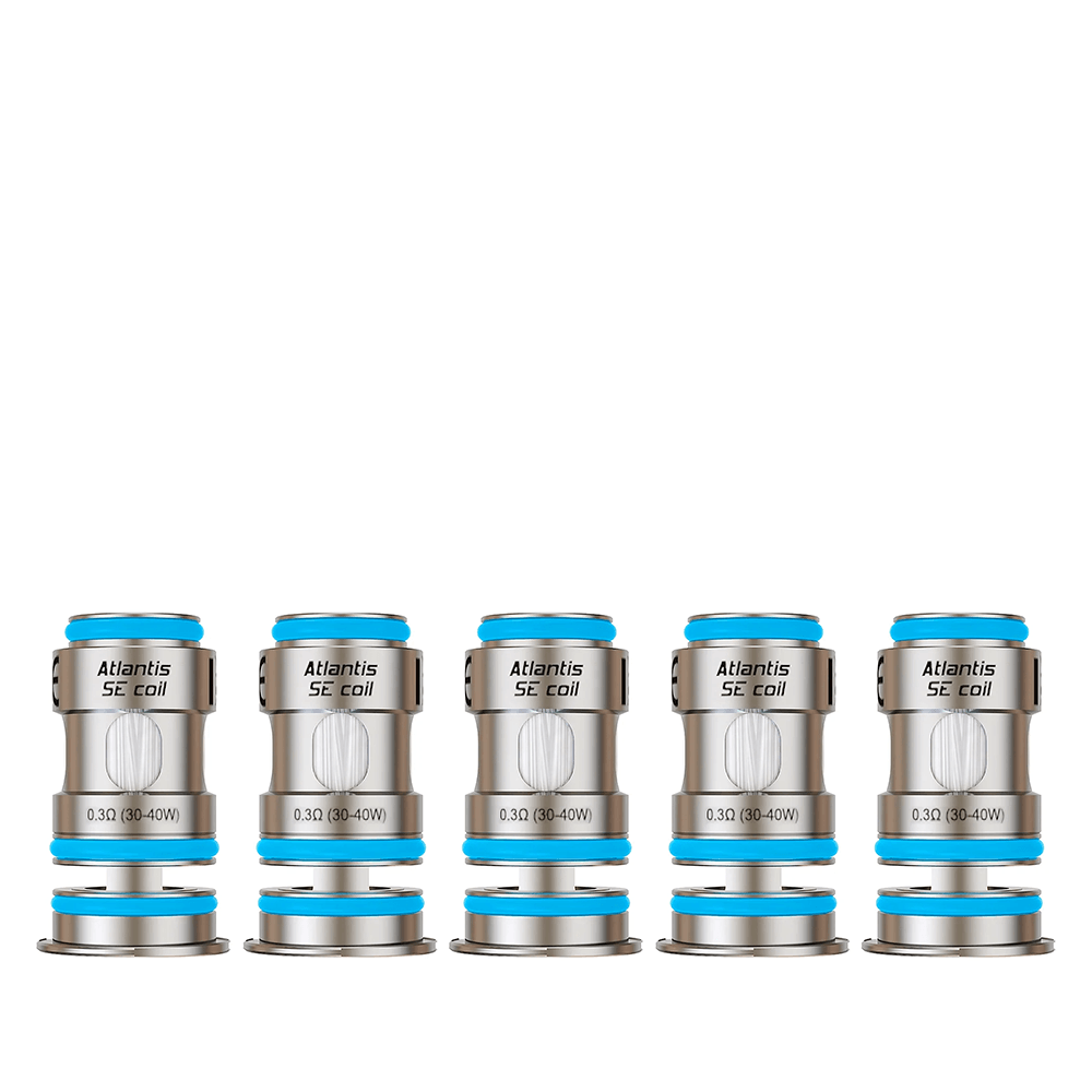 Five Aspire Atlantis SE replacement coils lined up, silver with blue accents.