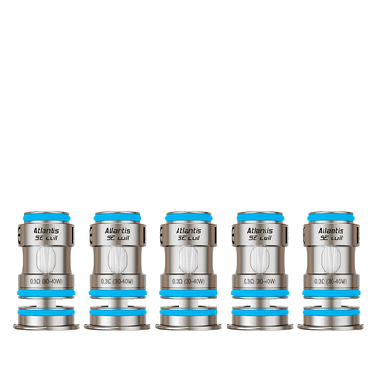 Five Aspire Atlantis SE replacement coils lined up, silver with blue accents.