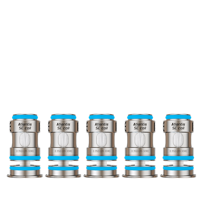 Five Aspire Atlantis SE replacement coils in a row, featuring blue accents.