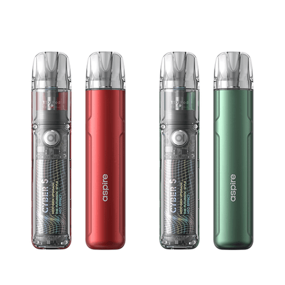 Four Aspire Cyber S vape kits in red and green, with transparent tops, displayed vertically.