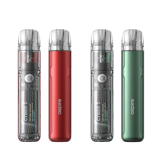 Four Aspire Cyber S vape kits in red and green, with transparent tops, displayed vertically.