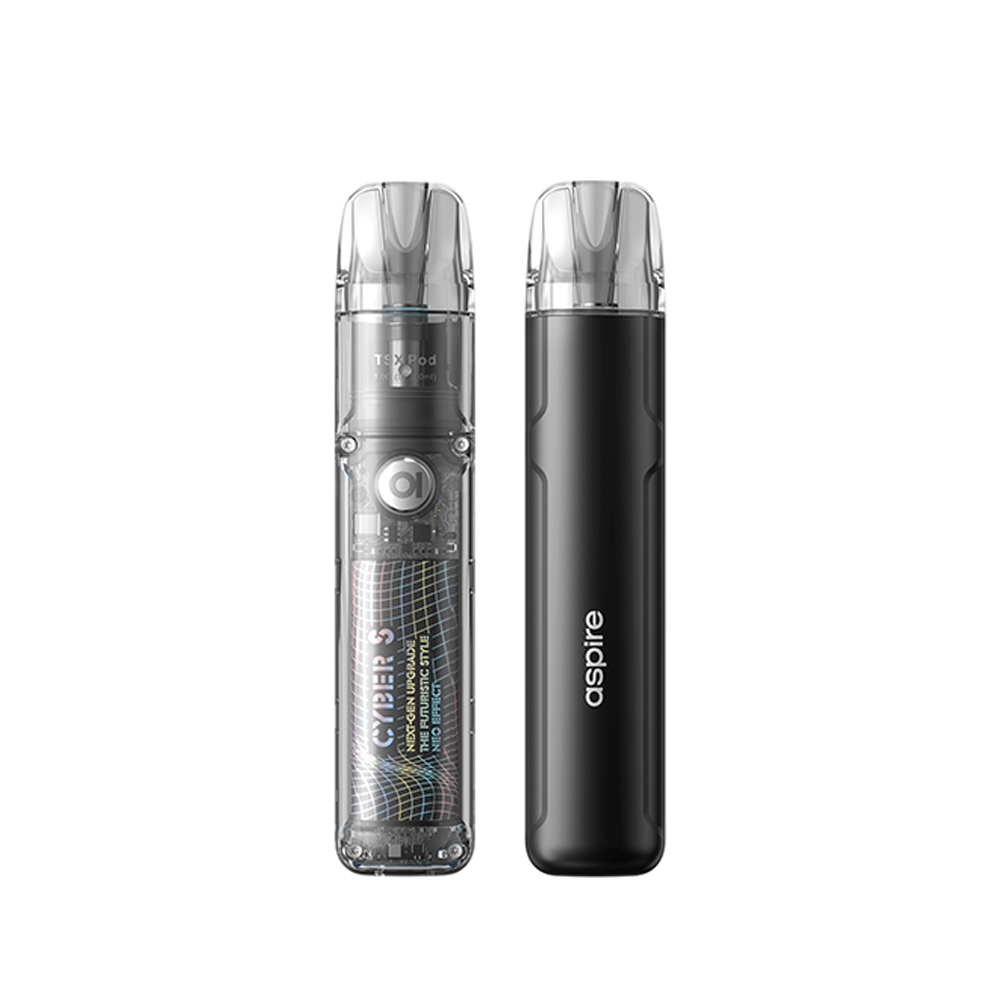 Aspire Cyber S Pod Kit in transparent and black designs, shown side by side.