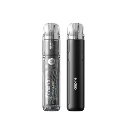 Aspire Cyber S Pod Kit in transparent and black designs, shown side by side.