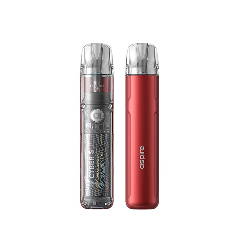 Aspire Cyber S Pod Kit in sleek red and transparent design, front and back view.