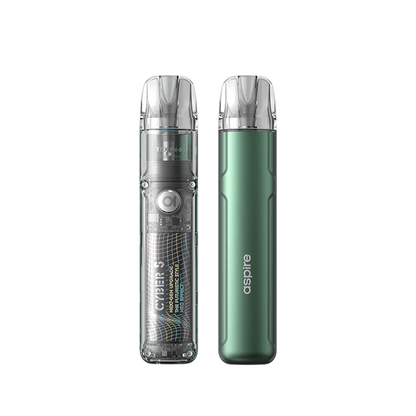 Aspire Cyber S Pod Kit in transparent and green designs, displayed side by side.