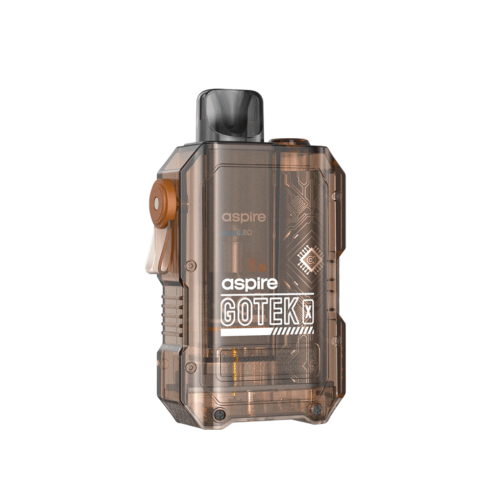 Transparent Aspire Gotek X vape pod kit with visible circuitry design.