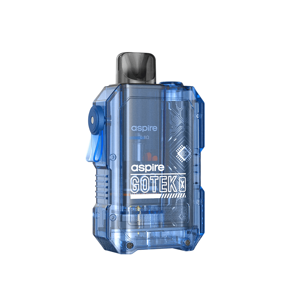 Aspire Gotek X Pod Kit in transparent blue, compact design, visible circuitry.