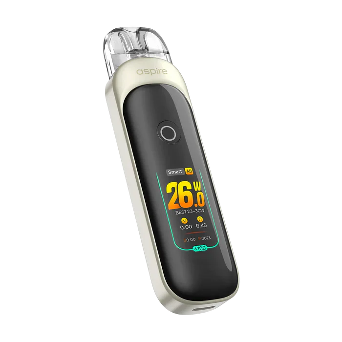 Aspire Pixo Pod Vape Kit in beige with a digital display showing 26W power setting.