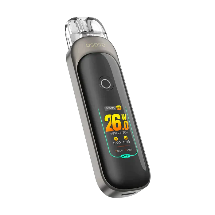 Aspire Pixo Pod Vape Kit in gunmetal, showing a digital display with 26W power setting.