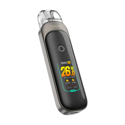 Aspire Pixo Pod Vape Kit in gunmetal, showing a digital display with 26W power setting.