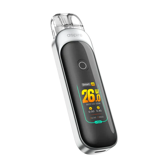 Aspire Pixo Pod Vape Kit in Ice Silver with digital display showing 26W power.